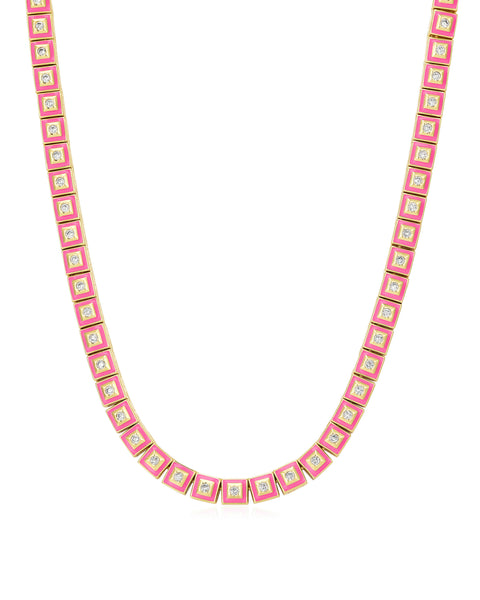 Pyramid Stud Tennis Necklace-Baby Pink