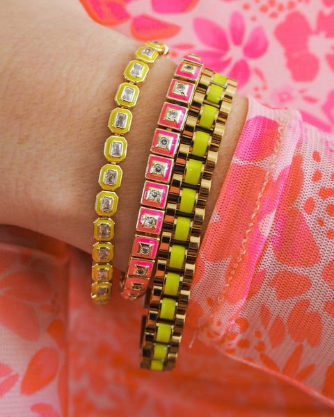 Pyramid Stud Tennis Bracelet Hot Pink Gold