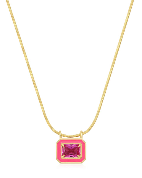 Bezel Pendant Necklace Hot Pink Gold