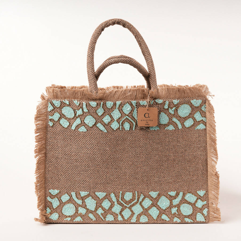 Sea green Snake pattern Big tote bag