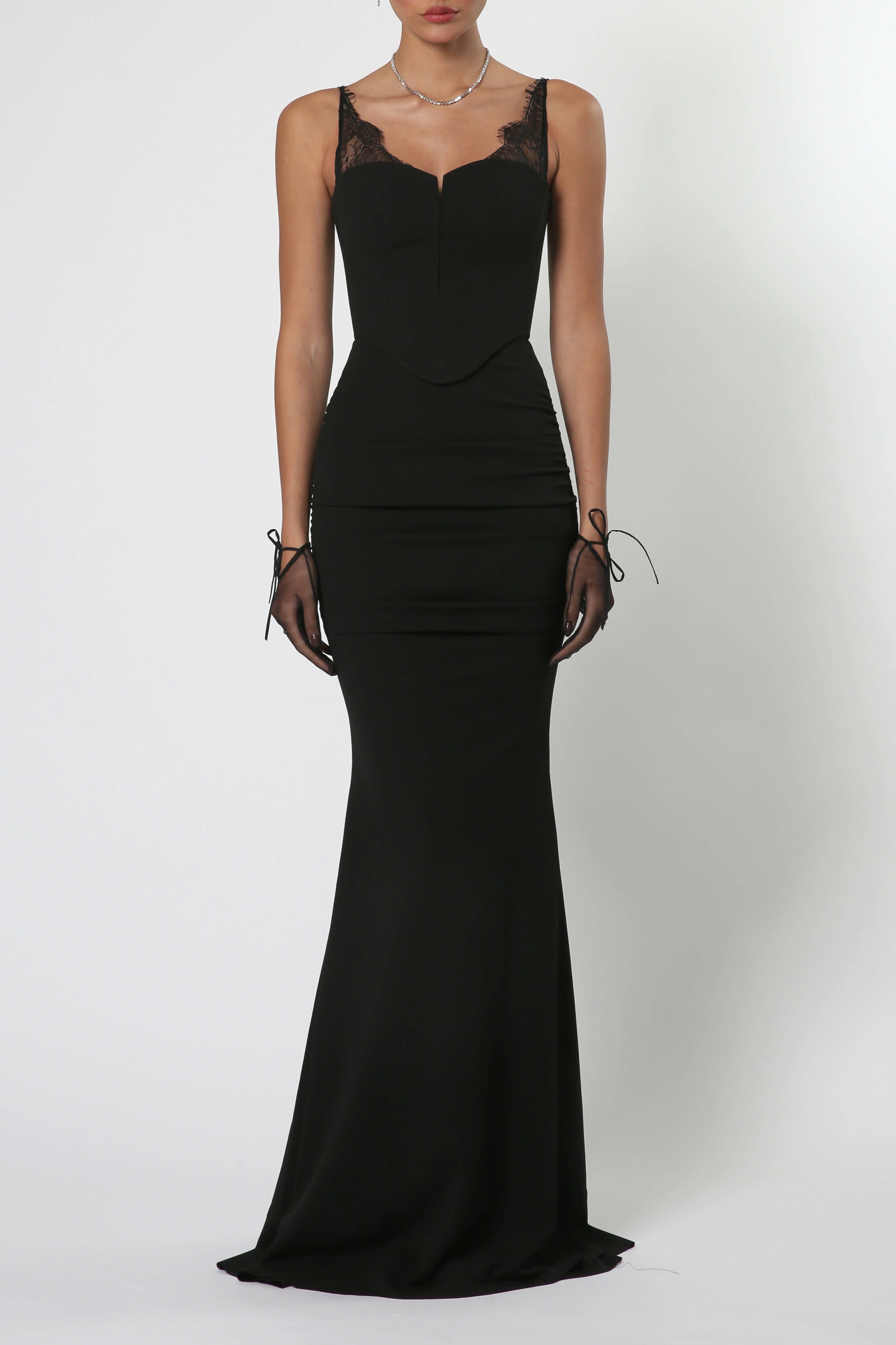 Maxi Fitted Scuba Dress with Gloves in Black