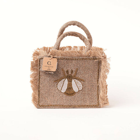 White & gold bee design small tote