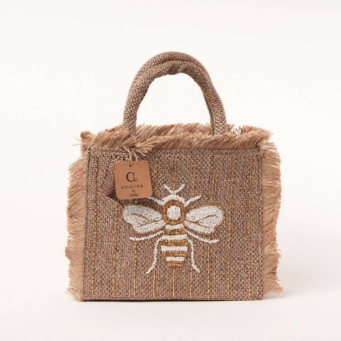 White & gold bee design small tote