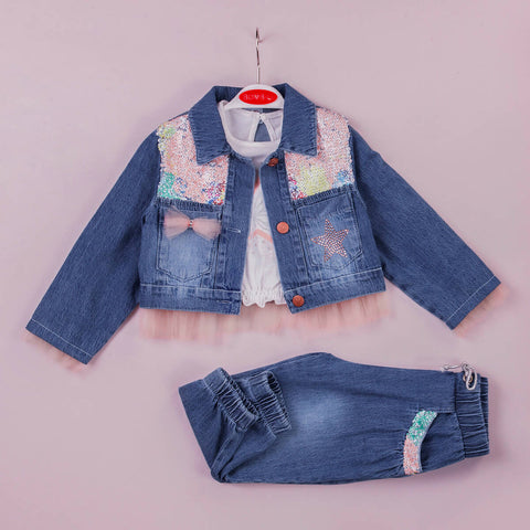 BOMBILI Girls Tulle and Sequin Trimmed Denim Set