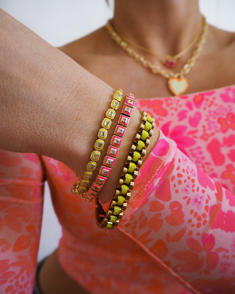 Pyramid Stud Tennis Bracelet Hot Pink Gold